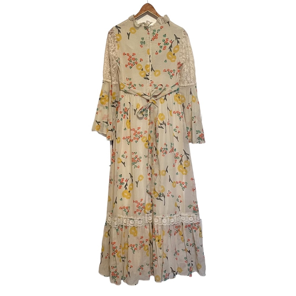 Vintage 70s Empire Waist Bell Sleeve Hippie Boho‎ Lace Floral Prairie Maxi Dress - Picture 6 of 13